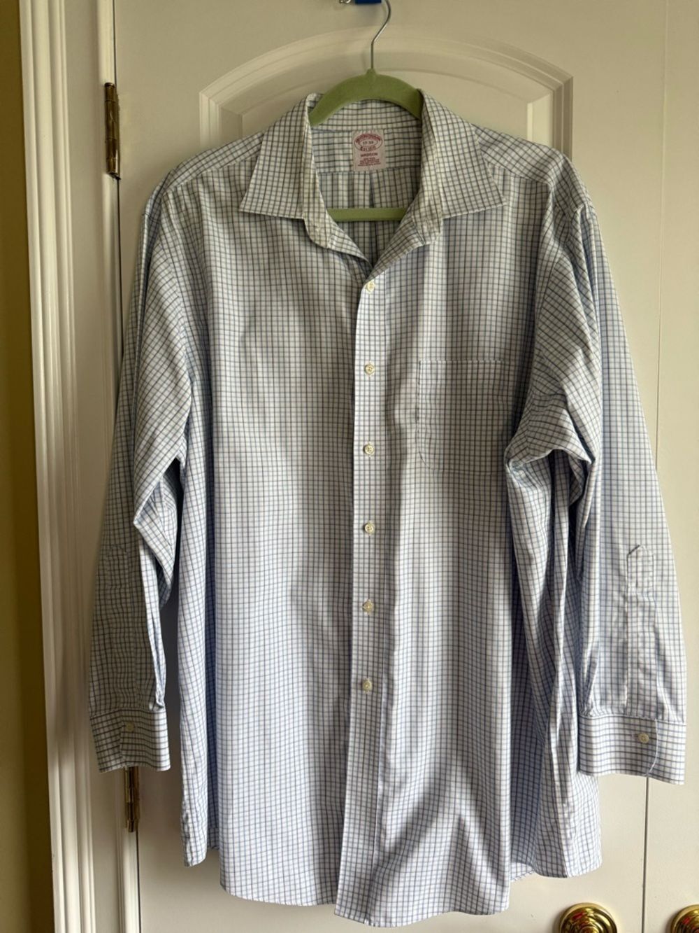 Classic Brooks Brothers Madison Men's Light Blue Checked Dress Shirt, 17-33 (XL)